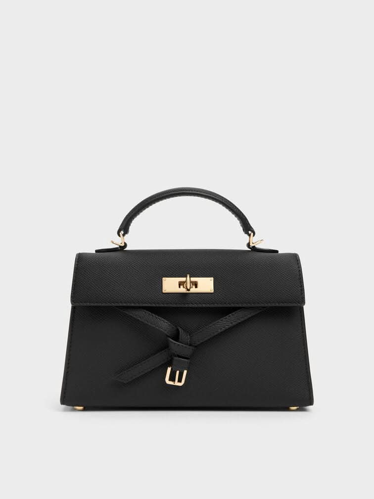 Black Knotted-Belt Top Handle Bag
